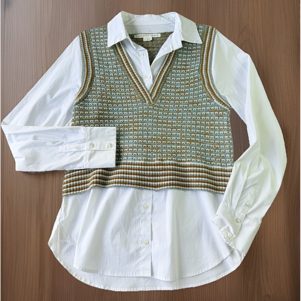 Veronica Beard White Blouse with Green and Brown Knit Vest